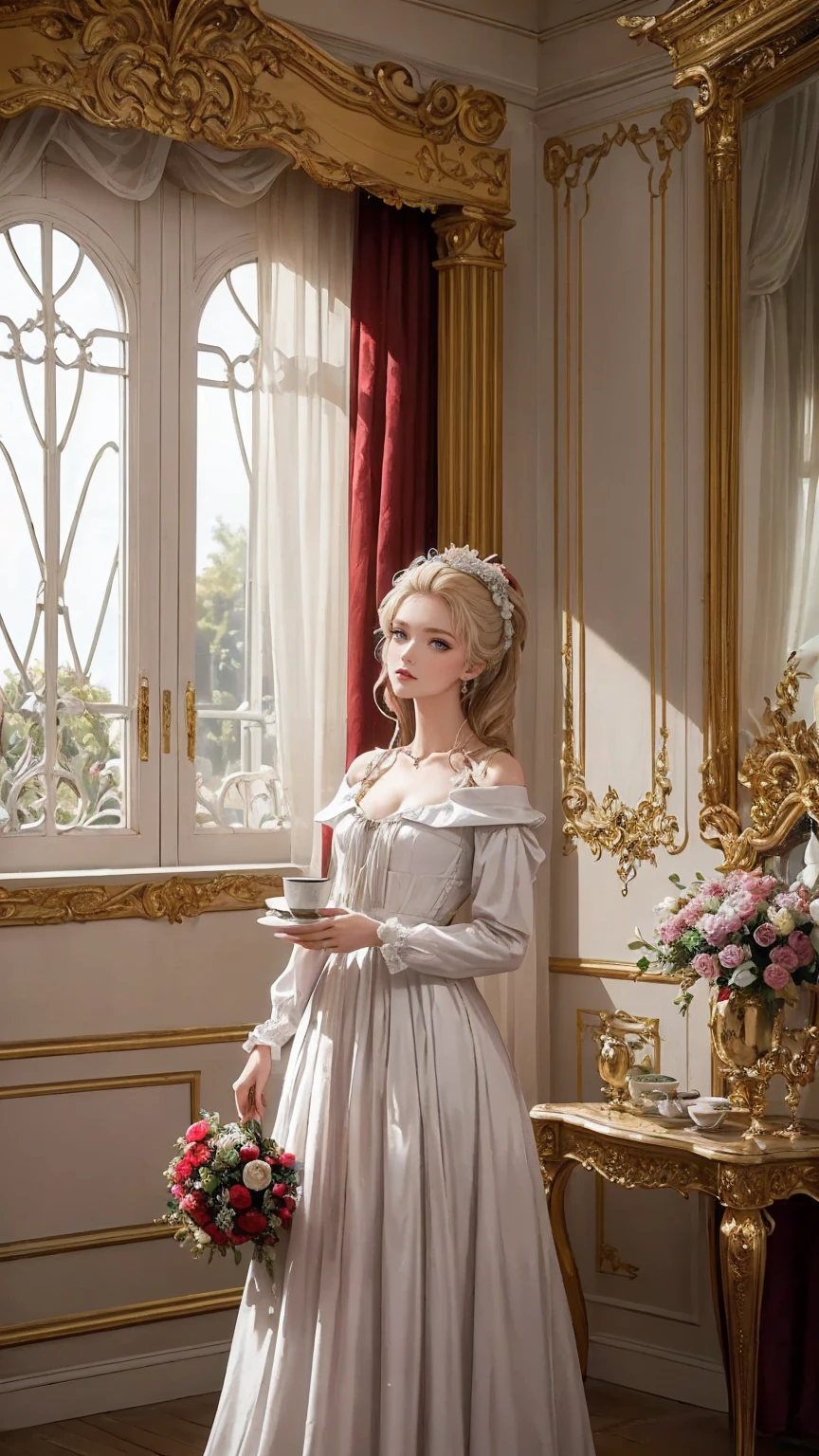 ((最high quality, 8K, masterpiece: 1.3, Ultra HD, high quality, 最high quality, High resolution, realism)) 、Marie Antoinette、Inside the Palace of Versailles in France、Enjoy tea time in a luxurious room