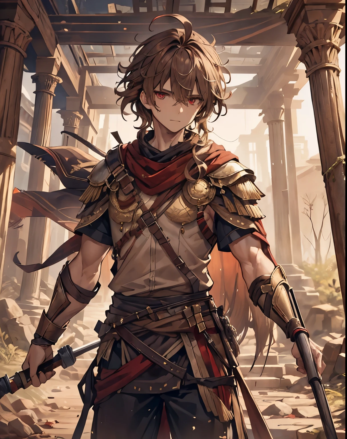 masterpiece, 1men, sparrow, a brown haired men, wearing a roman clothes, curly medium hair, messy hair, slim body, wearing noble clothes, he close her left eye, shirt ornament, calm expression, red eyes, stand at forest, ahoge, roman soldier, beautiful eyes