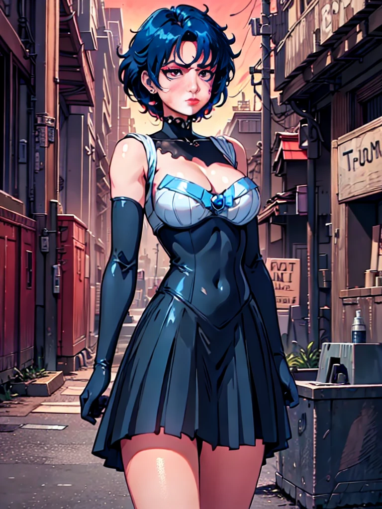 Full HD, 4K.(masterpiece:1.5), (best quality:1.5), amazing, beautiful detailed, extremely detailed wallpaper, extremely detailed CG unity 8k wallpaper, extremely delicate and beautiful, finely detailed, extremely detailed wallpaper, official art, detailed background, ,DollFace, ((30yr old,)) sailor mercury, blue hair,short hair ,red eyes, dominatrix
black body suit, shoulder pads, cleavage,  spikes, 
upper body, cowboy shot,  standing,  
underworld, night red sky, bar,
(insanely detailed, masterpiece, best quality) solo,
