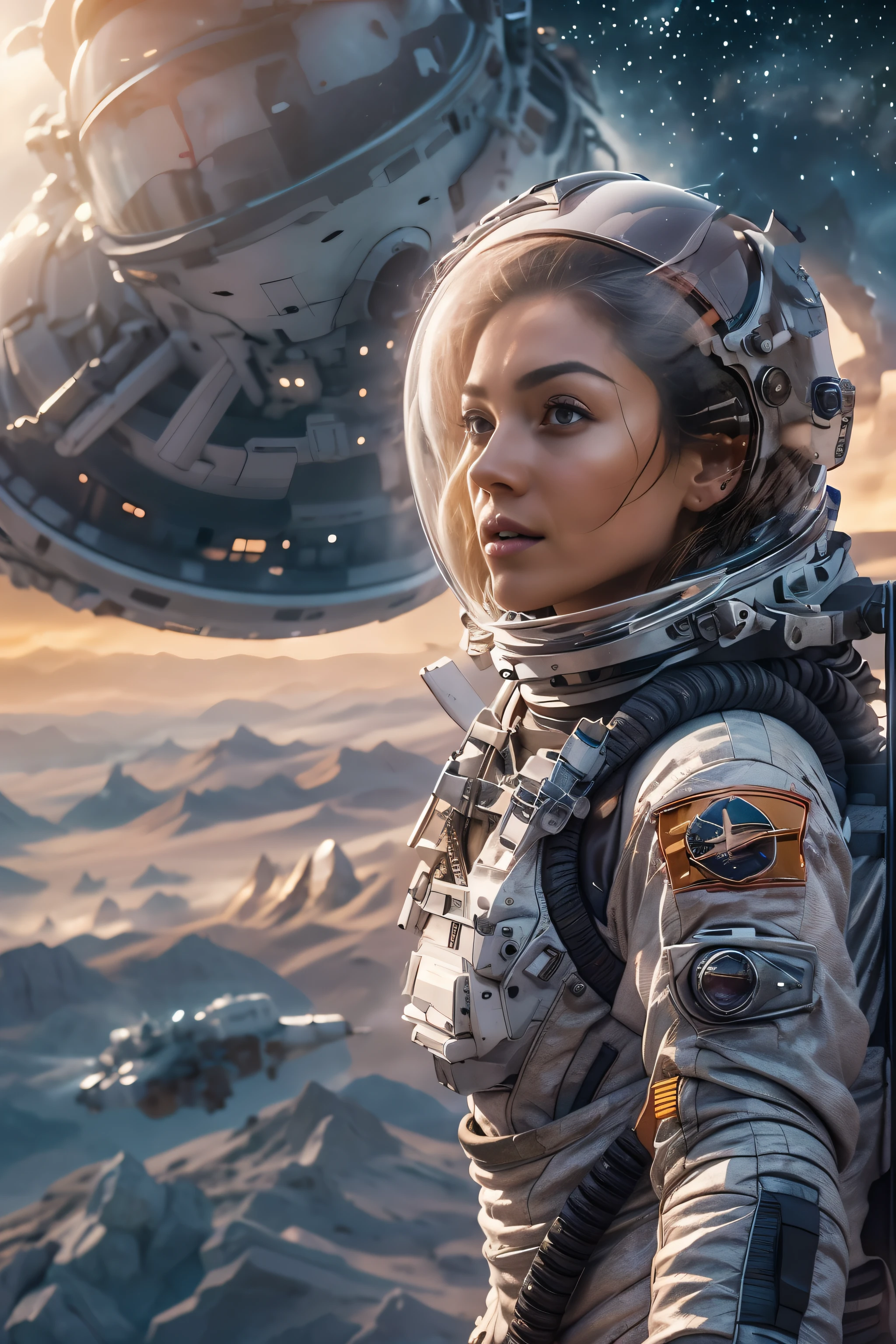 Masterpiece, a beautiful 25 years old German blonde girl, solitary female astronaut, desolated planet landscape, space and stars, electric atmosphere, utility belt, Metallic Gray Zinc, sci-fi, ultra high res.photorealistic, 16k, UHD, HDR, the best quality, body-tight astronaut suit, intricate, the most fantastic details, RAW, dramatic lighting, full body, (beautiful face, thin face, ultra high detailed eyes, ultra high detailed face, hair with bun), space ships in the sky, realistic reflections, sunrise, to scale, , determined, dynamic posture, a space military compound in the background