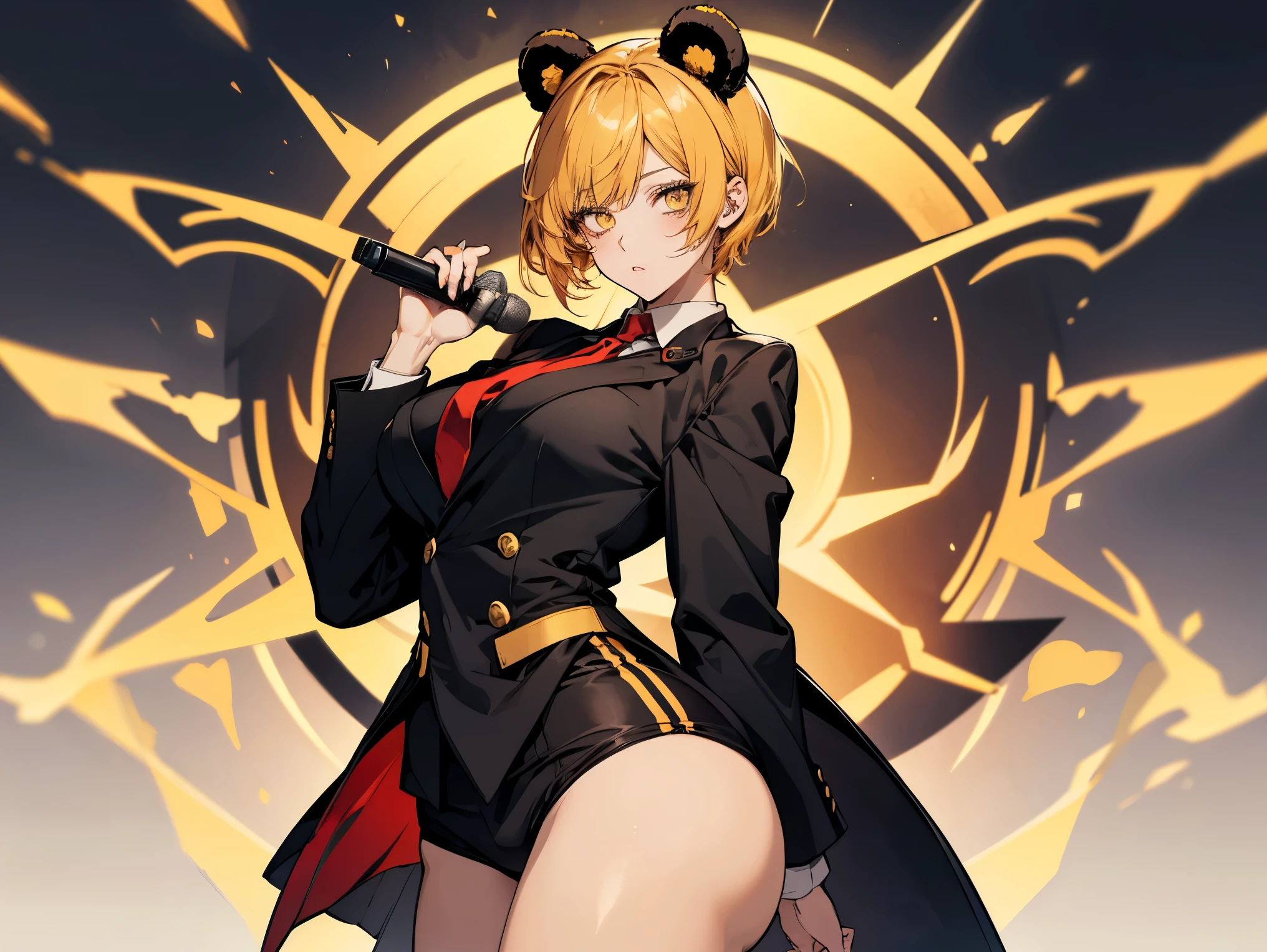 1female, teacher, wearing a black suit, red tie, bootyshorts, yellow bear ears, Thicc, yellow hair, short hair, glowing white eyes, face to detail, detailed eyes, the background is a pizzaria, holding a microphone 