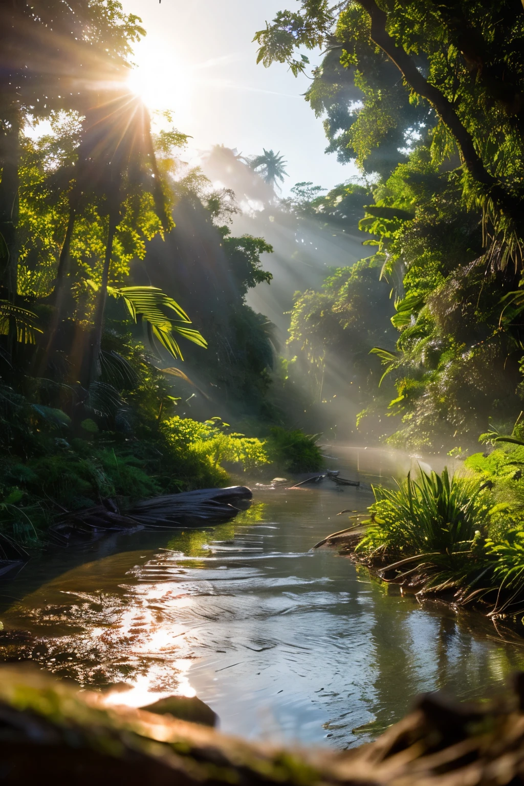 Красивый гиперреалистичный и сверхдетализированный шедевр, показывающий загадочную реку в лесу Амазонки., с закатным солнцем, 