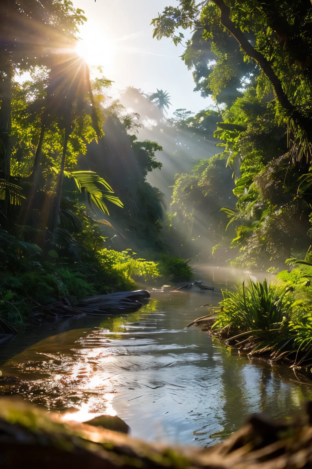 Bela obra-prima hiper-realista e superdetalhada que mostra um rio misterioso na floresta amazônica, com o sol do pôr do sol, 