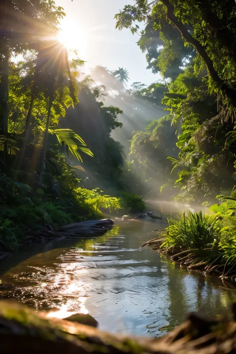 Beautiful hyper-realistic and super-detailed masterpiece that shows a mysterious river in the amazon forest, with the sunset sun...