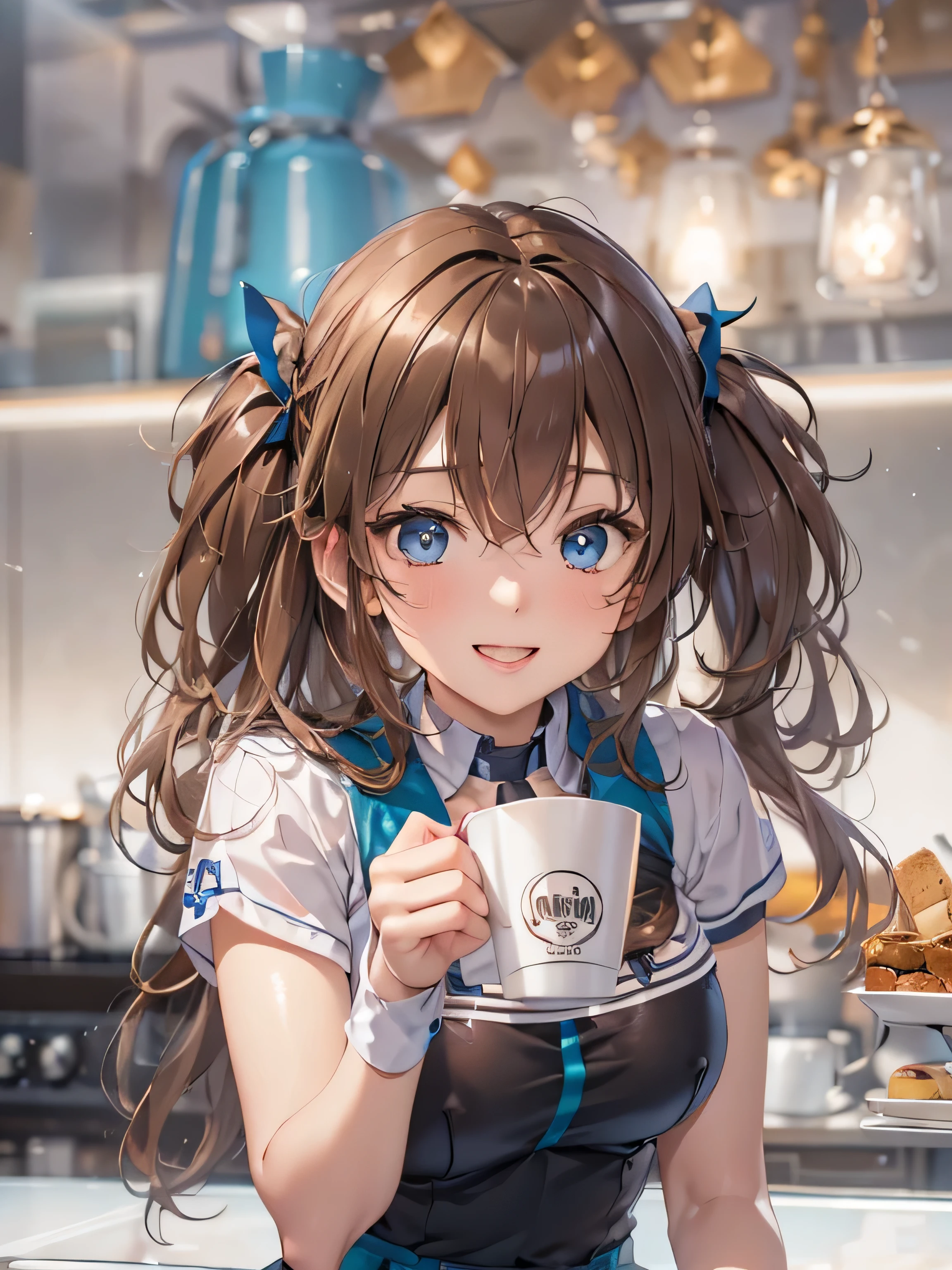 (photorealistic:1.8, highest quality:1.8,8K masterpiece:1.8,High resolution,muste piece:1.8,RAW Photos,cinematic lighting),No split screen、morning、Good Morning、The coffee shop of the future、
（A 23-year-old female clerk brewing coffee:1.5)、（choker、uniform、mini skirt、knee high tights、beautiful breasts、beautiful thighs、plump nipples、beautiful chest)、 (Soryu Asuka Langley)、
(Beautiful, shiny blue, white, black and brown hair:1.5)、looking at the camera、smile、shining blue eyes