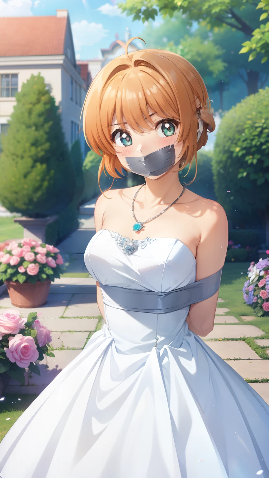 masterpiece, best quality, highres, 1girl, detailed face, blush, anime CG style, (medium breasts), (1 girl), good lighting, perfect body, sakura kinomoto, (tape gag), (tape bound), (arms bound), eyes wide, pupils dilated, garden, strapless wedding dress, necklace, jewelry, 