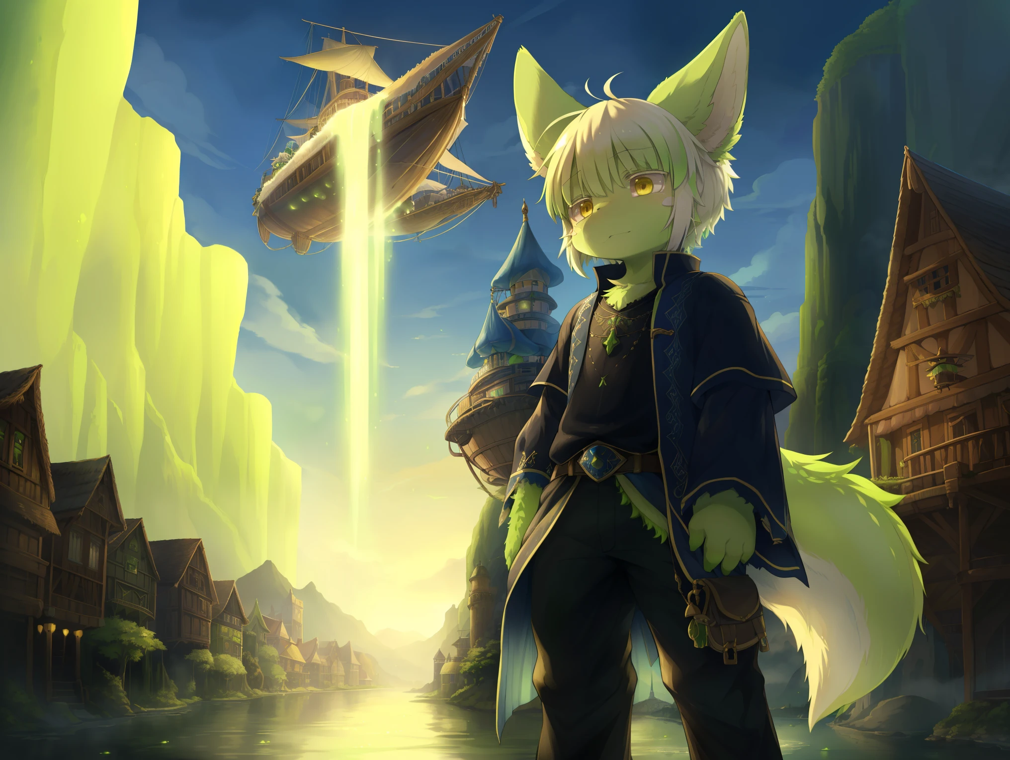 nanachi, male, ((saturated lime green body)), ((saturated lime green fac))), ((yellow eyes)), fluffy, ((short white hair)), ((blue royal clothes)), ((black undershirt)), black pants, fantasy town background, airship, river, Very good figure, extremely detailed, cinematic lighting, volume lighting, masterpiece, best quality