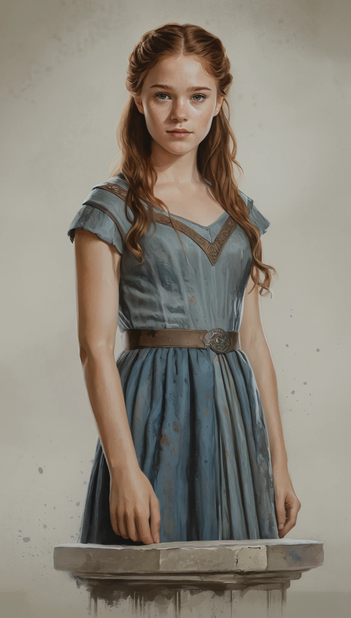 An illustrated movie poster, hand-drawn, full color, a Westerosi teenage girl, wearing a handmaiden dress, flushed complexion, freckles, hazel eyes, auburn brown hair, long hair, waist-length hair, posing on a pedestal, hard shadows, graphite shading, stencil marks, airbrushed acrylic paint, masterpiece, in the style of Game of Thrones 