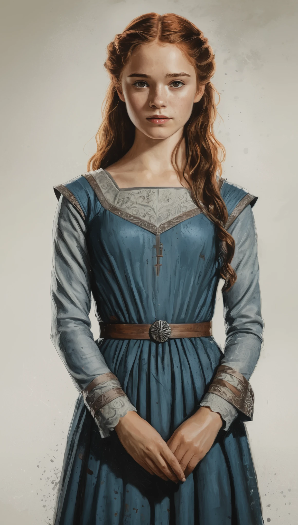 An illustrated movie poster, hand-drawn, full color, a Westerosi teenage girl, wearing a handmaiden dress, flushed complexion, freckles, hazel eyes, auburn brown hair, long hair, waist-length hair, posing on a pedestal, hard shadows, graphite shading, stencil marks, airbrushed acrylic paint, masterpiece, in the style of Game of Thrones 