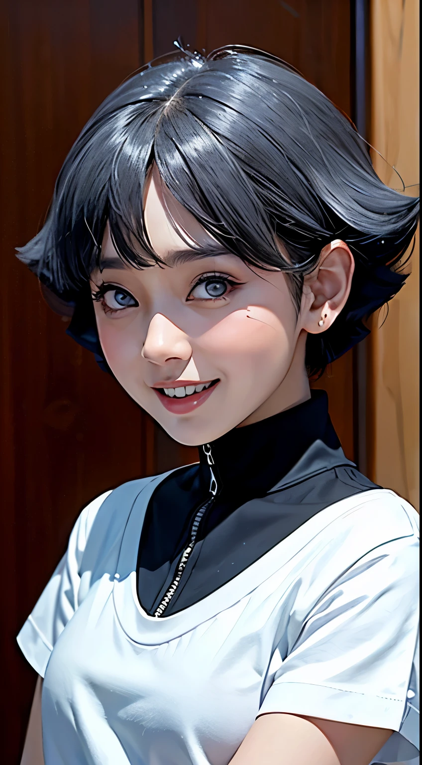 Uzumaki Himawari, an anime character, is depicted in a realistic depiction wearing a plain white t-shirt while taking a selfie with a bright and smiling expression. This work of art skillfully plays with light and shadow to enhance her natural beauty, showcasing her perfect, highly detailed features. Uzumaki Himawari's face radiates beauty, and her flawless skin is depicted with precision, complemented by stylish medium hair for a striking and realistic depiction.short perffeck .quality detailed 