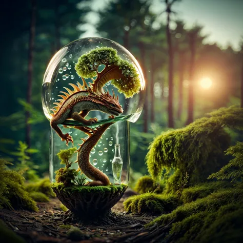 (An intricate mini-forest-landscape of a minidragon trapped in a bottle), atmospheric oliva lighting, (a minidragon trapped in a...