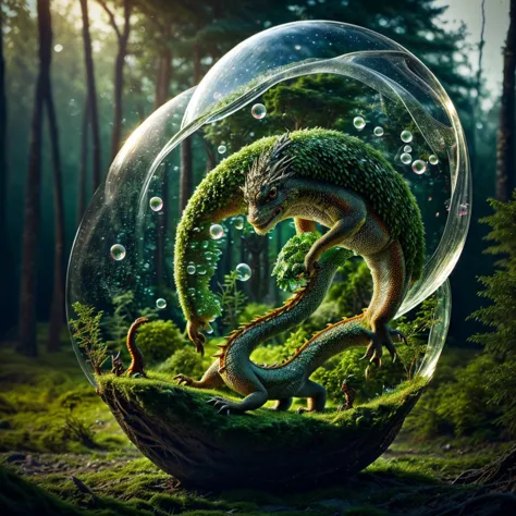 (An intricate mini-forest-landscape of a minidragon trapped in a bubble), atmospheric oliva lighting, (a minidragon trapped in a...