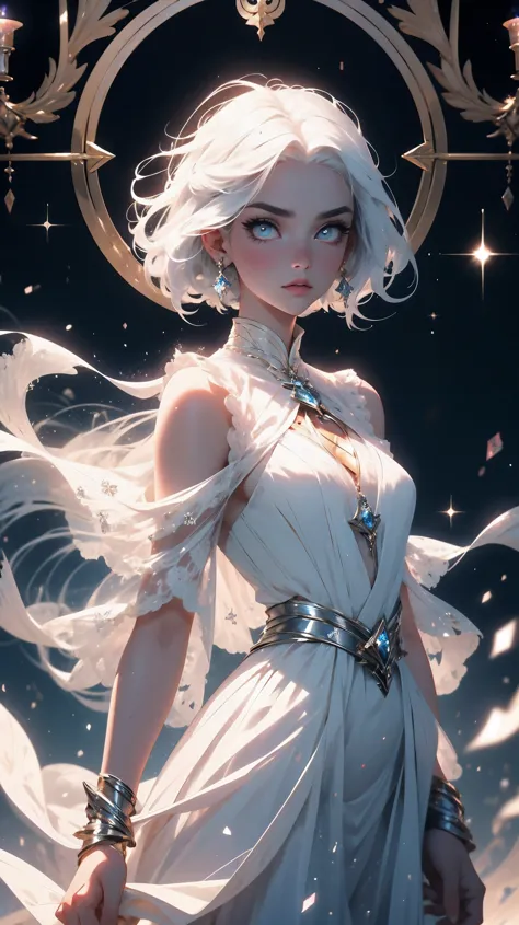 beautiful young girl with white hair and light eyes, her zodiac sign is Virgo, femme fatale, beautiful white dress, zodiac theme...