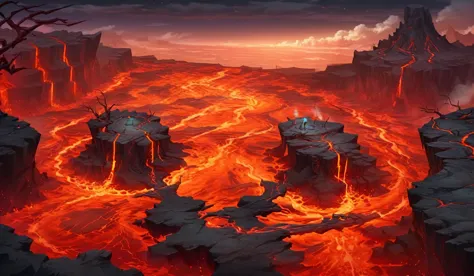 scene concept, pools of lava, 3d rendering, anime style, ultra-clear detail, masterpiece, high quality, lava, solo, landscape, d...