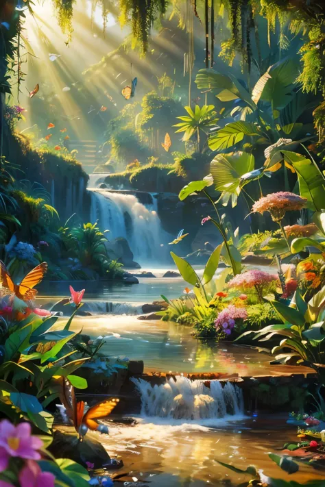 beautiful hyper-realistic and super-detailed masterpiece that shows a mysterious river in the amazon forest, with the morning su...