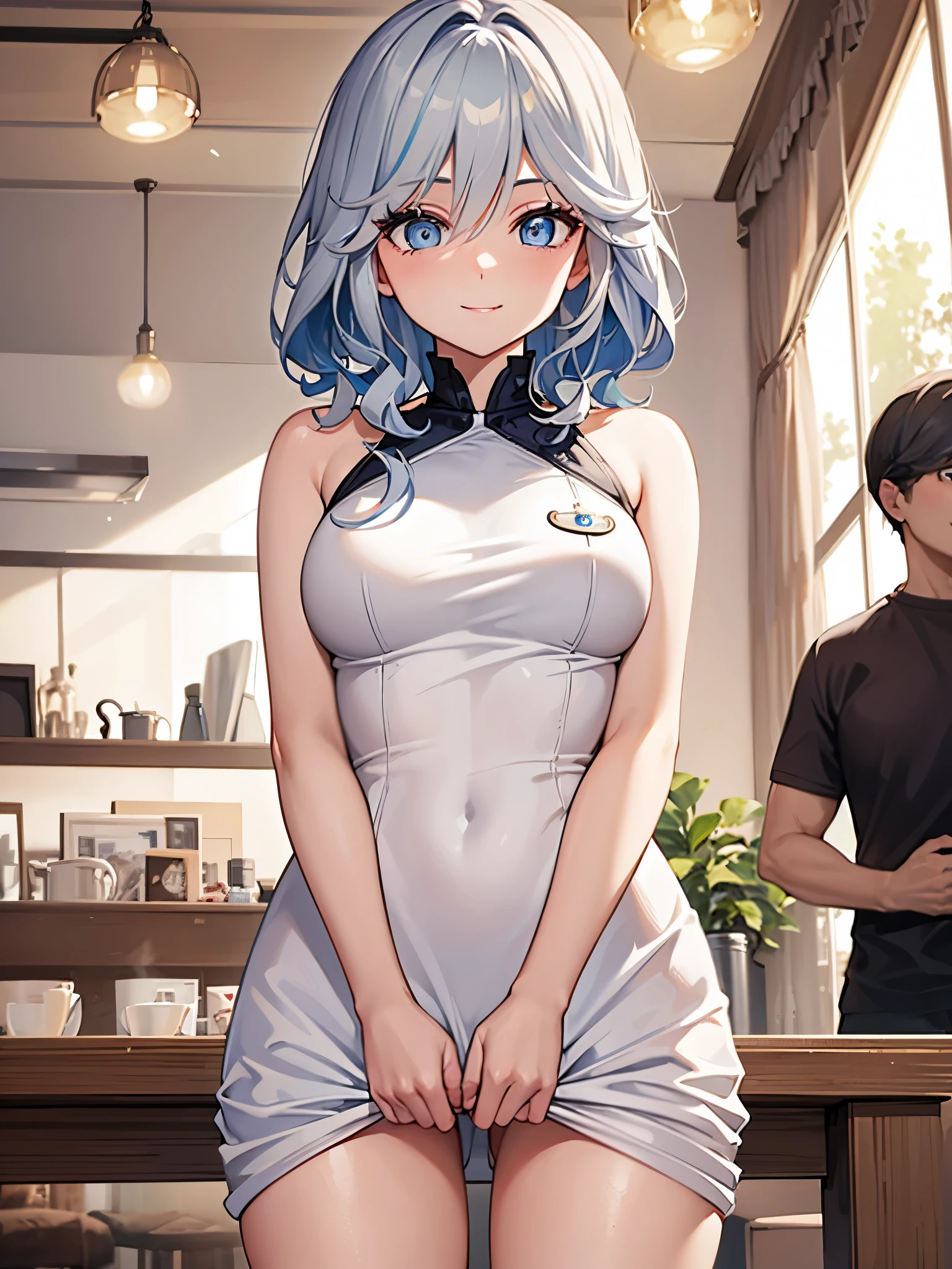 deep skin,textured skin, blue eyes, short light blue hair, smiling,
BREAK (masterpiece:1.2), best quality, high resolution, unity 8k wallpaper, (illustration:0.8), (beautiful detailed eyes:1.6), extremely detailed face, perfect lighting, extremely detailed CG, (perfect hands, perfect anatomy),