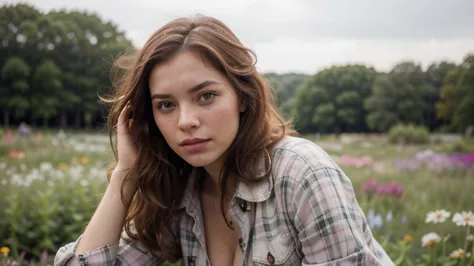 a photo of a seductive woman with loose styled redhead hair, posing in a fieldofflowers, she is wearing button-up pink flannel s...