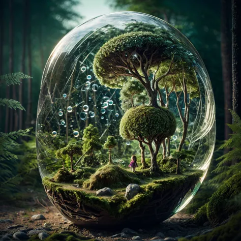 (An intricate mini-forest-landscape of a minigirl trapped in a bubble), atmospheric oliva lighting, (a minigirl trapped in a bot...