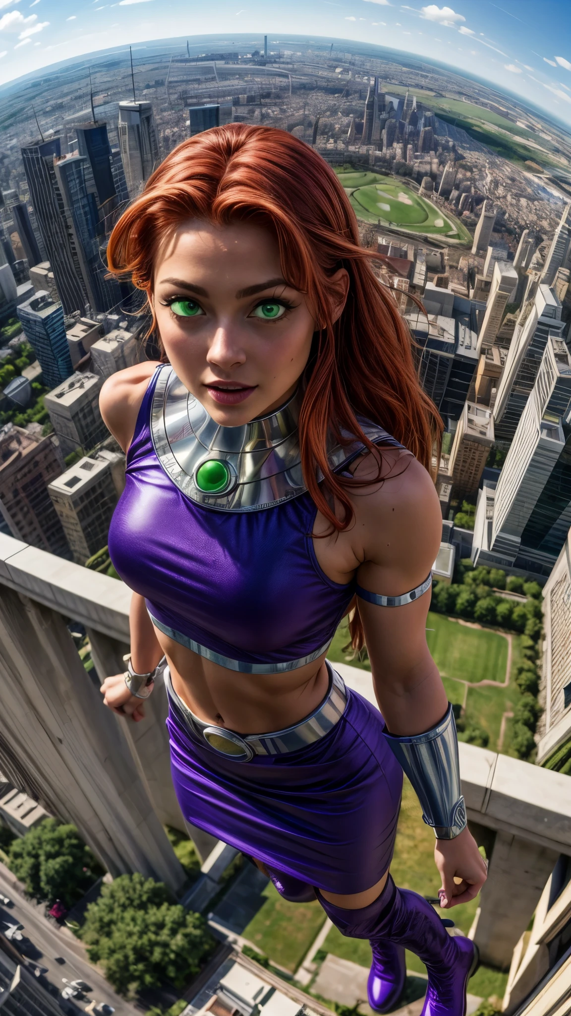 (masterpiece, best quality, 4k, detailed, intricate, realistic),floating in midair,above city,from above,fisheye lens,starfire,orange skin, red hair,gorget, crop top, armlet, vambraces, midriff, skirt, purple skirt, thigh boots,green eyes 