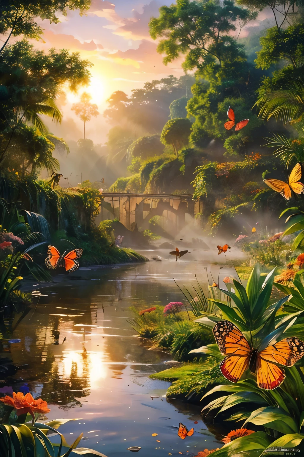 Beautiful hyper-realistic and super-detailed masterpiece that shows a mysterious river in the amazon forest, with the sunset sunshine, Flying butterflies on the flowers, exotic flowers