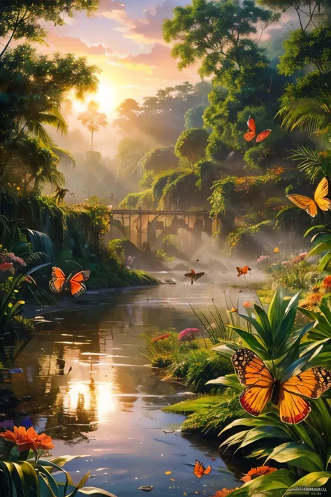 beautiful hyper-realistic and super-detailed masterpiece that shows a mysterious river in the amazon forest, with the sunset sun...