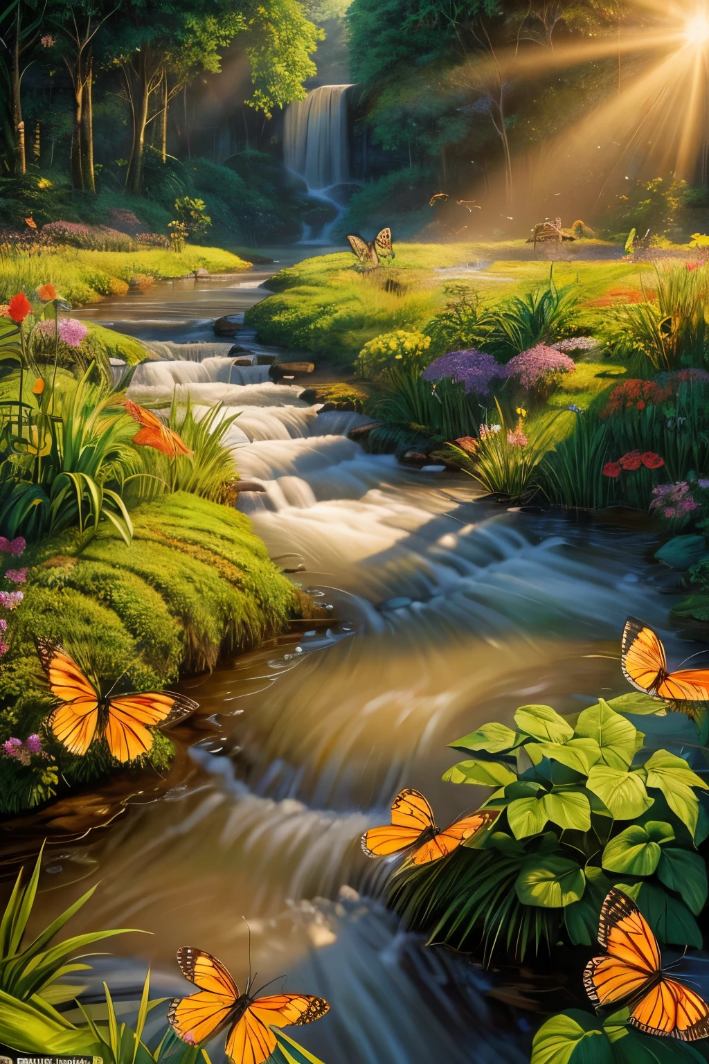 Wunderschönes hyperrealistisches und superdetailliertes Meisterwerk, das einen mysteriösen Fluss im Amazonas-Regenwald zeigt, mit dem Sonnenuntergang Sonnenschein, Fliegende Schmetterlinge auf den Blumen, Exotische Blumen