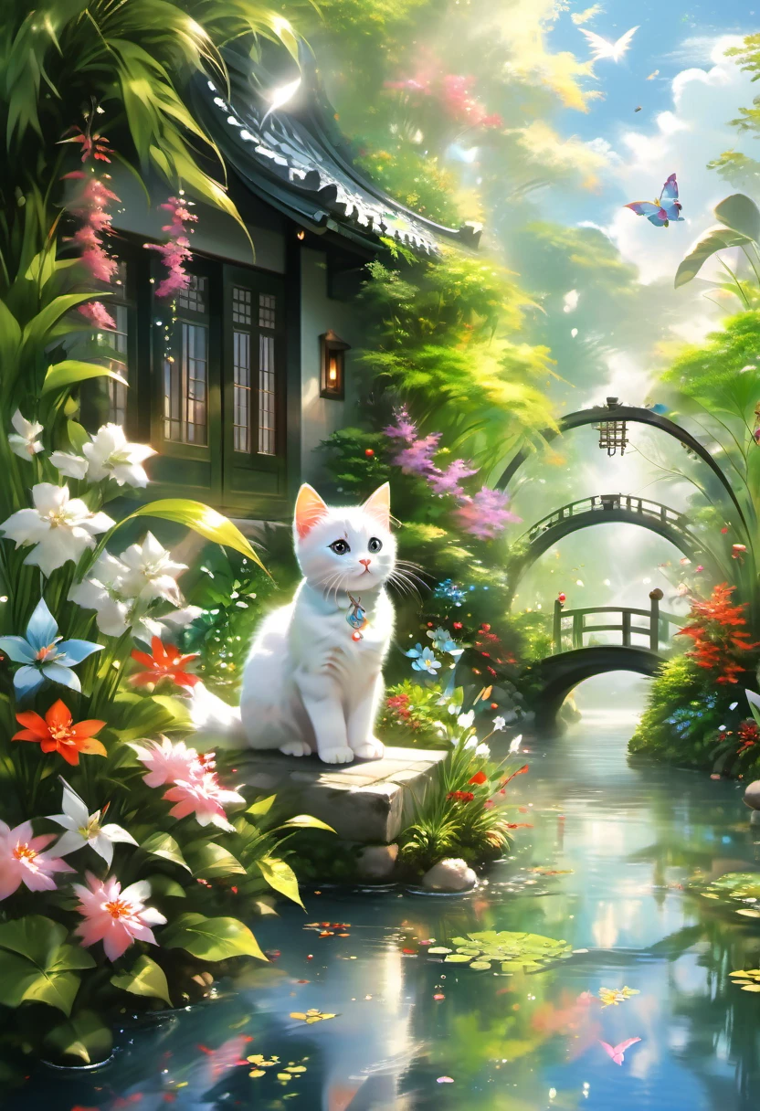 This scene is very fascinating、The painting depicts a scene in a beautiful garden where a young girl is watching a white kitten joyfully catching butterflies., The garden is decorated with lush greenery and colorful flowers.、The sunlight filtering through the trees gives off a warm glow.。The bright butterflies fluttering around the white kitten create a lively atmosphere.。 The white kitten is expressive、The detailed fur and unique folded ears add to its charm.。The gardens are beautifully maintained、Neatly trimmed bushes and々Various plants are arranged。The stream&#39;s crystal clear water reflects the serene environment.、Colorful facade of house in the distance々adds a bit of whimsy to the scene.。 The scene has an atmosphere of tranquility and contemplation.、Expressing the world of high fantasy。Guardian nebula of rainbow light and silvery vapor、The colors of the Corrosive Encirclement Ray family fill the sky、There is a slimy feeling in the air.。A beautiful piece of artwork that exudes a mysterious aura.。