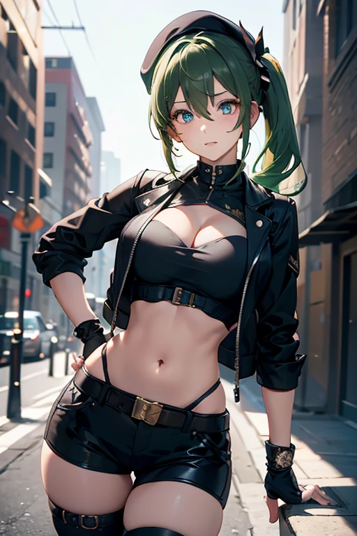 ubel,dark green hair,long hair,side ponytail,hair between eyes,bangs, BREAK (beret, black jacket, open clothes, cleavage, midriff, black shorts, black thighhighs, thigh strap, fingerless gloves, single glove:1.2) BREAK blurry background, BREAK pose, hand on hip, BREAK (masterpiece:1.2), best quality, high resolution, unity 8k wallpaper, (illustration:0.8), (beautiful detailed eyes:1.6), extremely detailed face, perfect lighting, extremely detailed CG, (perfect hands, perfect anatomy),