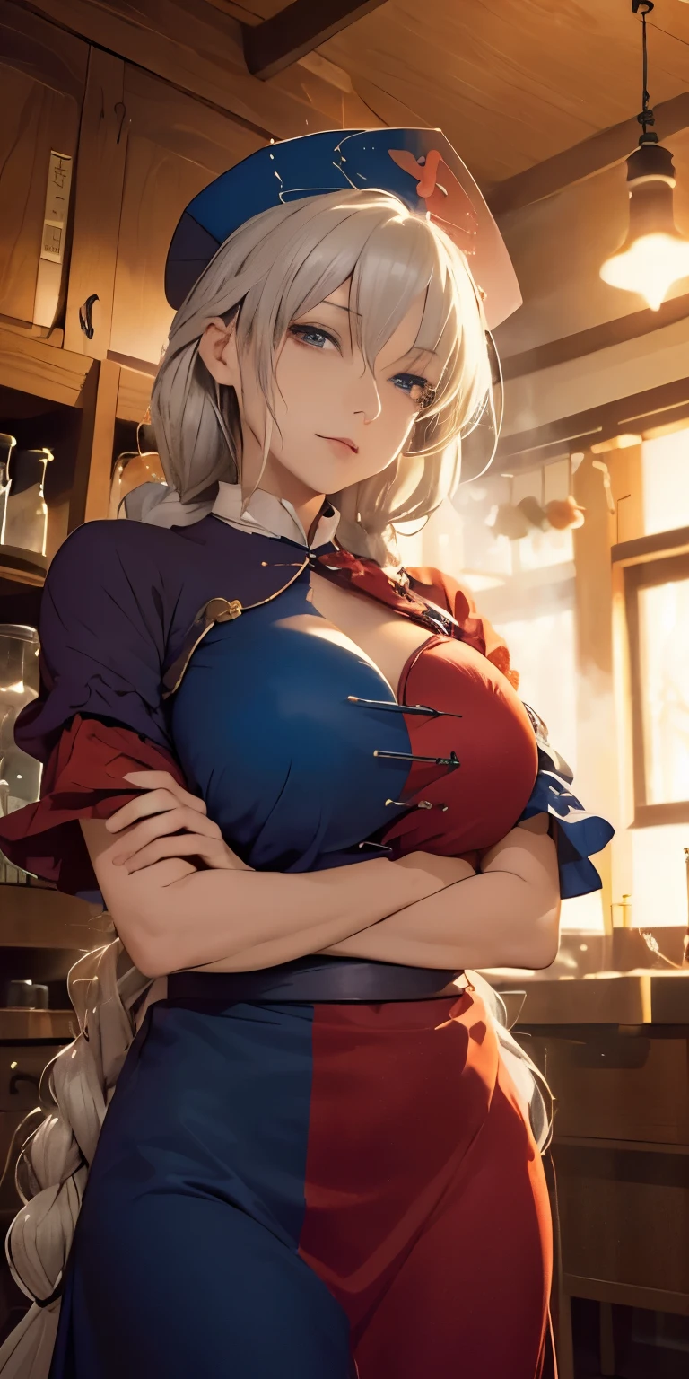 (masterpiece, best quality:1.3), (ceiling:1.3), Yagokoro Eirin, Touhou Series, perfect face, expressive eyes, 1woman, looking at viewer, 3, gorgeous body, big breast, beautiful, anime, lora,1woman, silver hair, braid hair, nurse cap, red and blue clothes, long skirt, (evil look, looks down on viewer, crossed arms:1.5), (cinematic lighting, realistic, dream-like, enchanting atmosphere:1.3), (photo of a woman in her dark and mysterious environment:1.3), (the woman surrounded by an aura of mystery and intrigue:1.3), (a dark and mysterious laboratory decorated with many flasks, each filled with colorful liquids:2.0), (she is full of joy in making new discoveries:1.5), (a crystal ball nearby, adding to the mystical setting:1.3), (a hint of incense in the air, adding to the sensory experience:1.3), 