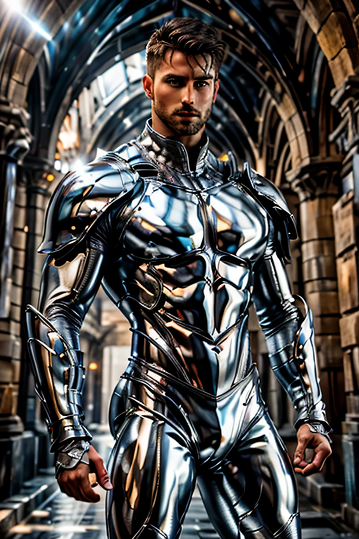 realistic superhero, ((artwork)), ((best quality)), (detailed), cinematic, dynamic lighting, soft shadow, detailed background, professional photography, depth of field, intricate and detailed face, underground scatter, hair realistic, realistic eyes, muscular, virile, photo of a handsome man, hero outfit Color Prisma and Its Influence on Lighting Empório Luz, wearing diamond jumpsuit,