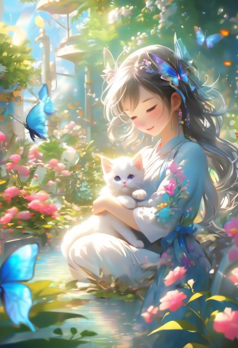 This scene is very fascinating、A girl and a white kitten in a beautiful garden, In the distance, a  can be seen watching a white kitten happily catching butterflies., The garden is decorated with lush greenery and colorful flowers.、The sunlight filtering through the trees gives off a warm glow.。The bright butterflies fluttering around the white kitten create a lively atmosphere.。 The white kitten is expressive、The detailed fur and unique folded ears add to its charm.。The gardens are beautifully maintained、Neatly trimmed bushes and々Various plants are arranged。The stream&#39;s crystal clear water reflects the serene environment.、Colorful facade of house in the distance々adds a bit of whimsy to the scene.。 The scene has an atmosphere of tranquility and contemplation.、Expressing the world of high fantasy。Guardian nebula of rainbow light and silvery vapor、The colors of the Corrosive Encirclement Ray family fill the sky、There is a slimy feeling in the air.。A beautiful piece of artwork that exudes a mysterious aura.。