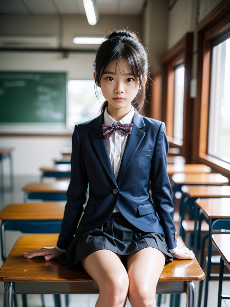 (masterpiece, highest quality:1.4), award-winning portraits, 8K, 85mm, alone, beautiful face, delicate girl, , (dark navy blazer jacket), dark navy skirt, long sleeve, violaces, gardenia, grace, Sophisticated, cute, teen, looking at the viewer, 15 years old, Raw photo, disorganized, HDR, sharp focus, A bow tie, background bokeh、(((flat 、thin and delicate body、A childish atmosphere)))、Her shiny semi-long hair is tied up、hair swaying in the wind、Mole on the left cheek、large, round, dark blue eyes、full body、random pose、Junior idol、Nogizaka Idol、widening skirt、jump、mole under eye、sexy、inside the classroom、no panties