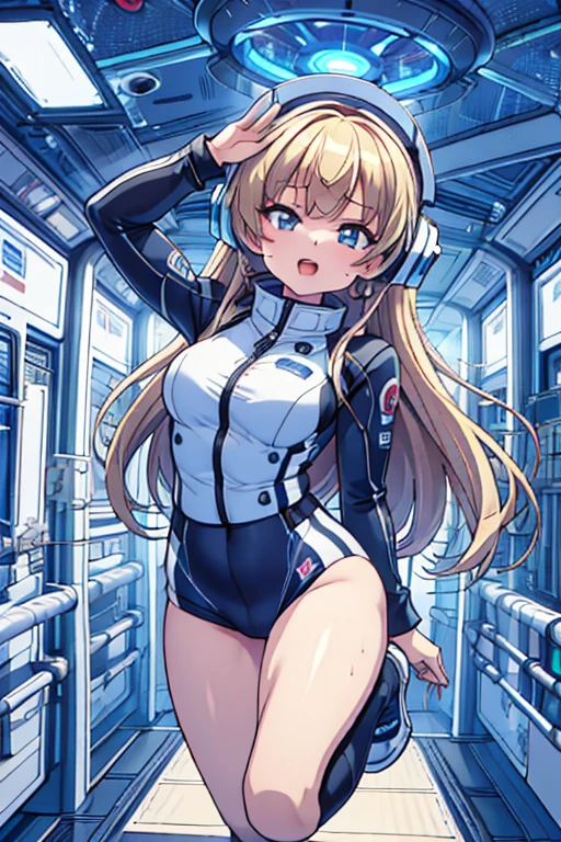 top-quality,Top image quality,in 8K,4K,​masterpiece,ultra-detailliert,Beautiful,ultra-quality, best quality,high resolution, ultra-detailed,game cg,dutch angle,(acrobatic pose):5,jumping:5,(inside spacestation,)beautiful detailed eyes,five fingers,headphone,nsfw,a beauty girl,(astrovest):5,(track uniforms),wet,(steam:1.5),Running form,open open mouth,(blonde hair),(long hair):2,Navel,space_station_interior, exercise_room, futuristic, high_technology, zero_gravity_exercise_equipment, high_resolution_landscape, sleek_design, minimalistic, 8K_resolution, game_cg_style, Dutch_angle, detailed_character, track_uniform, perfect_running_form, intense_expression, detailed_eyes, determination, steam:1.5, beauty, strength, five_fingers, visible_navel, open_mouth, ultra_quality, high_resolution, ultra_detailed,astrovest