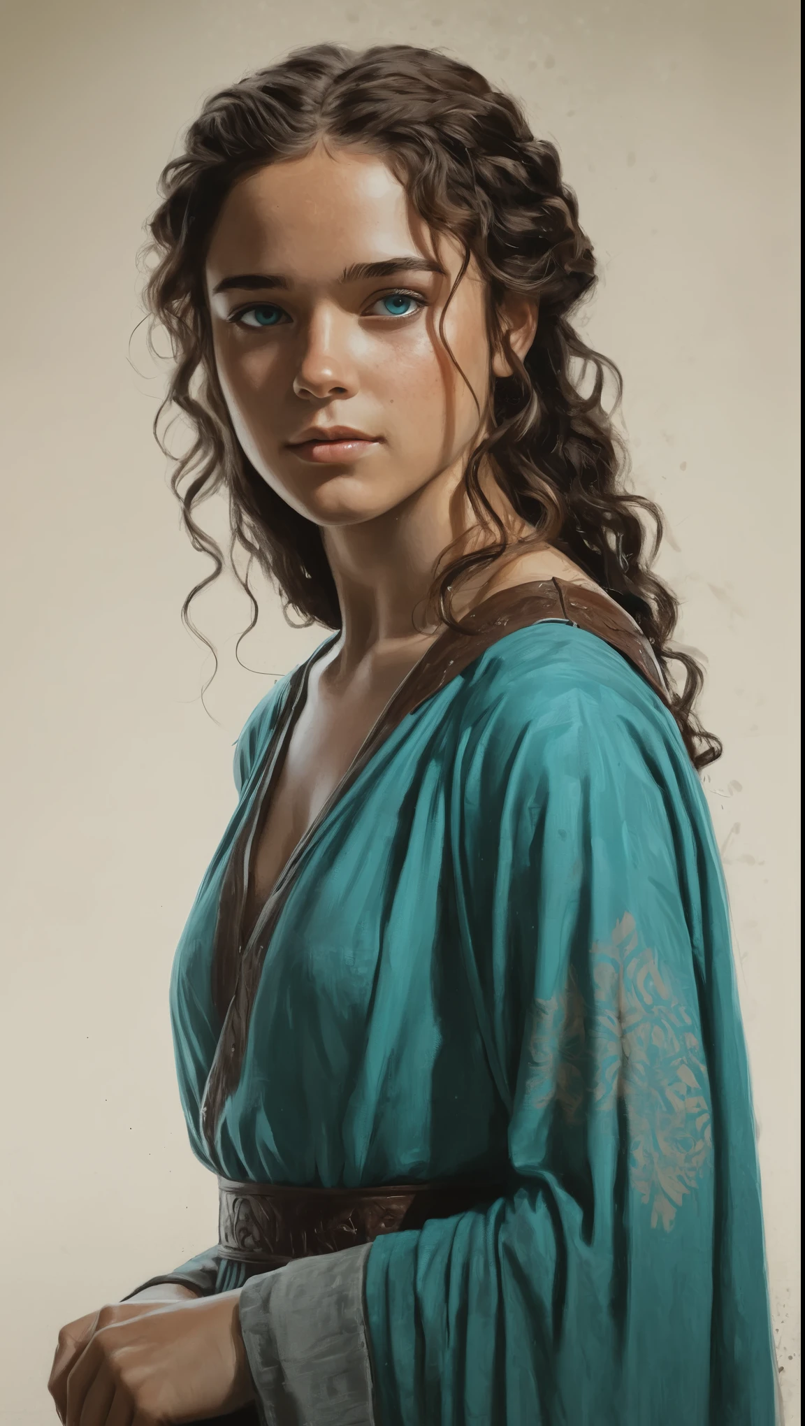 An illustrated movie poster, hand-drawn, full color, a Westerosi teenage girl, wearing a regal chiton, warm brown complexion, freckles, turquoise eyes, dark hair, long loose curls, waist-length hair, posing on a pedestal, hard shadows, graphite shading, stencil marks, airbrushed acrylic paint, masterpiece, in the style of Game of Thrones 