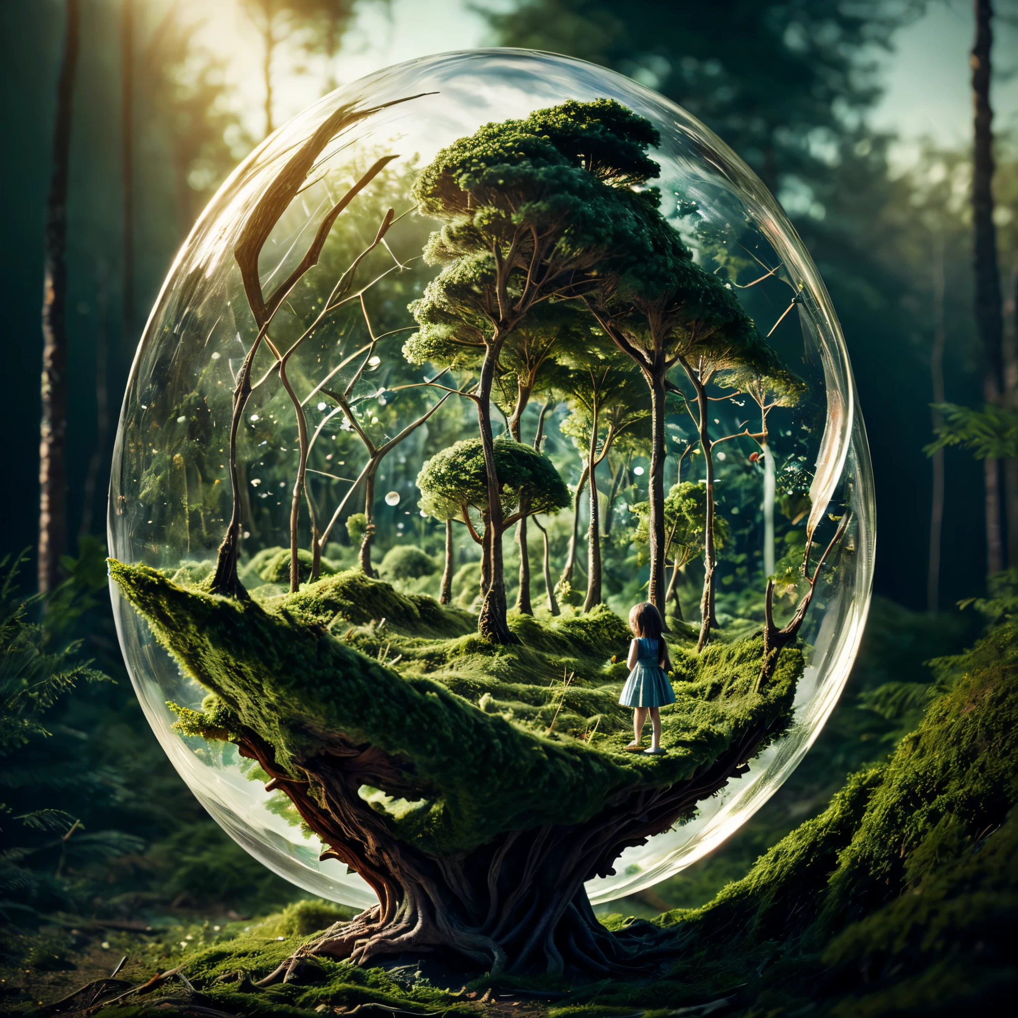 (An intricate mini-forest-landscape of a minigirl trapped in a bubble), atmospheric oliva lighting, (a minigirl trapped in a bottle), 4k UHD, dark vibes, hyper detailed, vibrant colours forest background, epic composition, octane render, sharp focus, high resolution isometric, bubblerealm photorealistic documentary shot