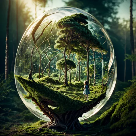 (An intricate mini-forest-landscape of a minigirl trapped in a bubble), atmospheric oliva lighting, (a minigirl trapped in a bot...