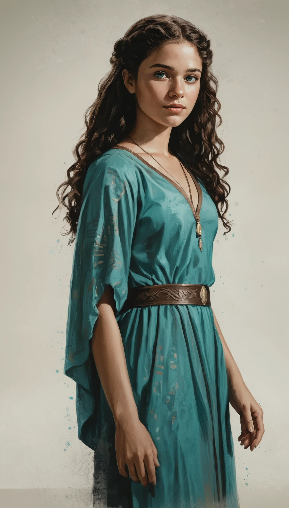 An illustrated movie poster, hand-drawn, full color, a Westerosi teenage girl, wearing a regal chiton, warm brown complexion, freckles, turquoise eyes, dark hair, long loose curls, waist-length hair, posing on a pedestal, hard shadows, graphite shading, stencil marks, airbrushed acrylic paint, masterpiece, in the style of Game of Thrones 