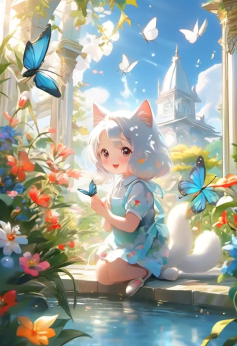 This scene is very fascinating。A girl and a white kitten are in a beautiful garden。 The girl is looking at the white kitten with...