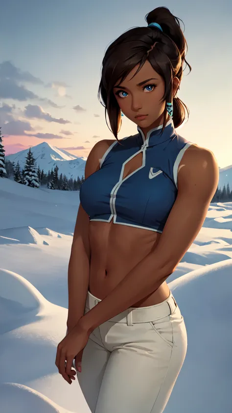 (korra:1.2), muscular woman, (ponytail, hair tubes:1.2), sleeveless, bare shoulders, brown hair, blue eyes, dark blue pants, win...