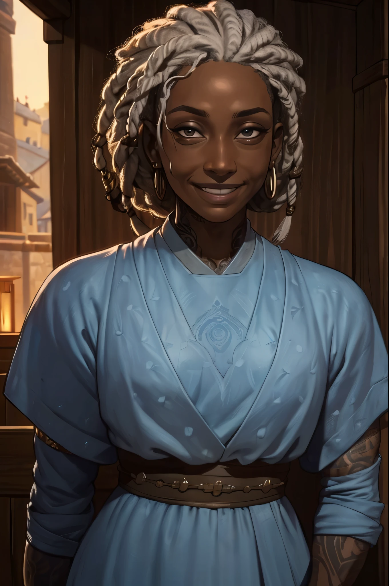 a dark skin ((50y)) woman, aged, dreadlocks hair, gray hair, tattoos on arms, cian tattoos, (wearing like a NPC for a Medieval RPG), confident expressions, smiling, at small village, | (8k, RAW photo, best quality, masterpiece:1.2), ultra-detailed, (high detailed skin:1.2), 8k uhd, dslr, soft lighting, high quality, ((upper body)), ((LOOKING at the VIEWER)), asura, film grain, highly detailed shading