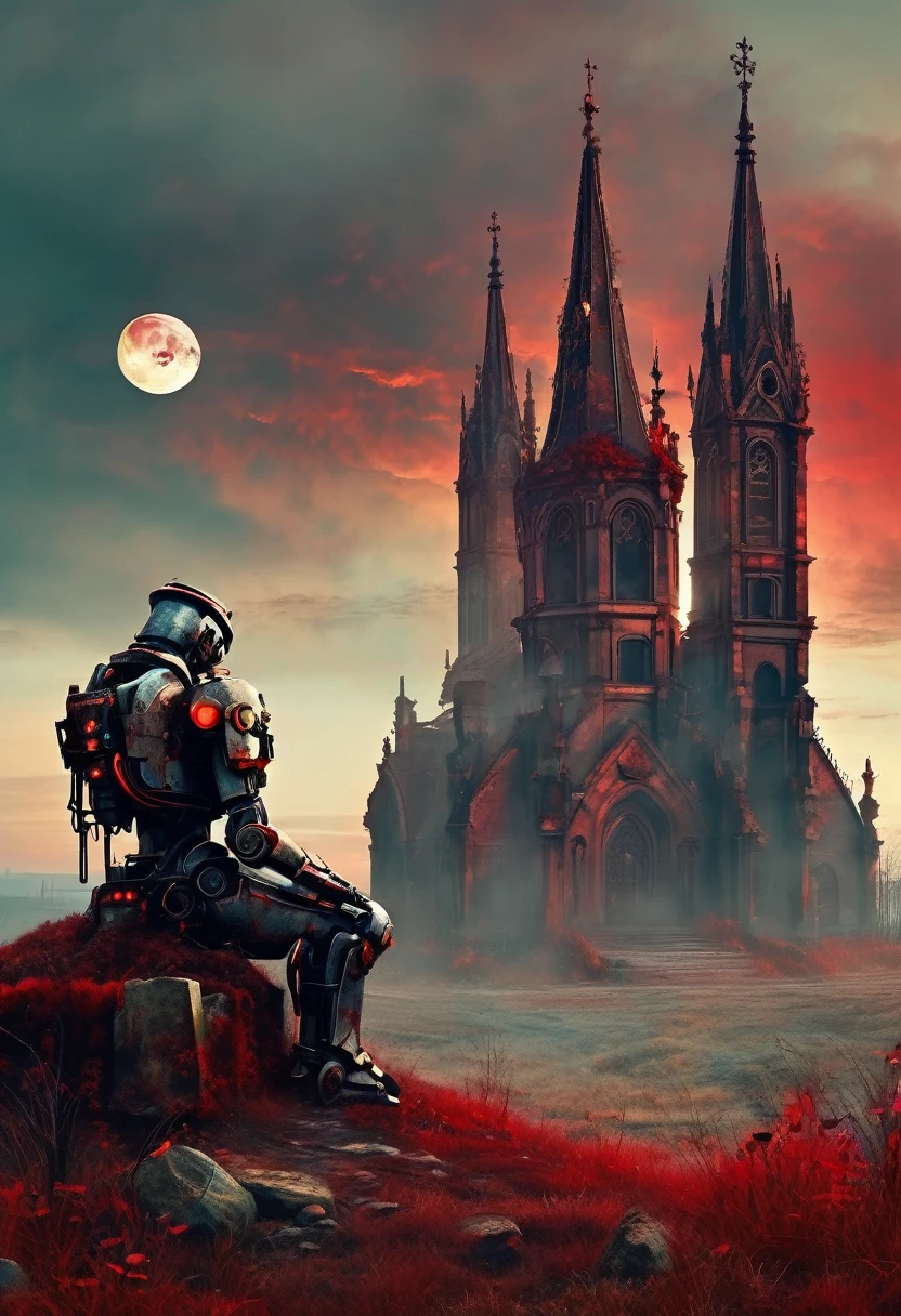 Wasteland，The old mecha sits on the stone and thinks，thinker，Hand on cheek，(sitting:1.2)，Rusty，Distant skyline，Gothic，moss，a small white flower，(cross:1.3)，cemetery，Gothic Church，Blood Red Moon，Gothic Elements，wildfires，cold， gloomily，