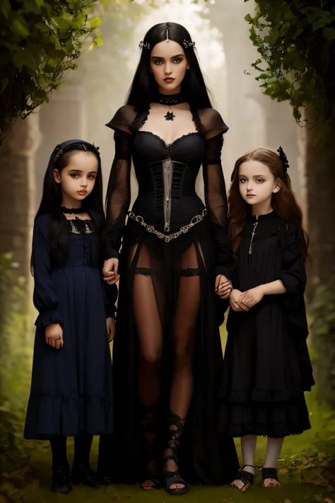 gothic Italian white ethnic Bikini warrior mom and her daughters white ethnic, full figure, perfect posing for a photo, goth fam...