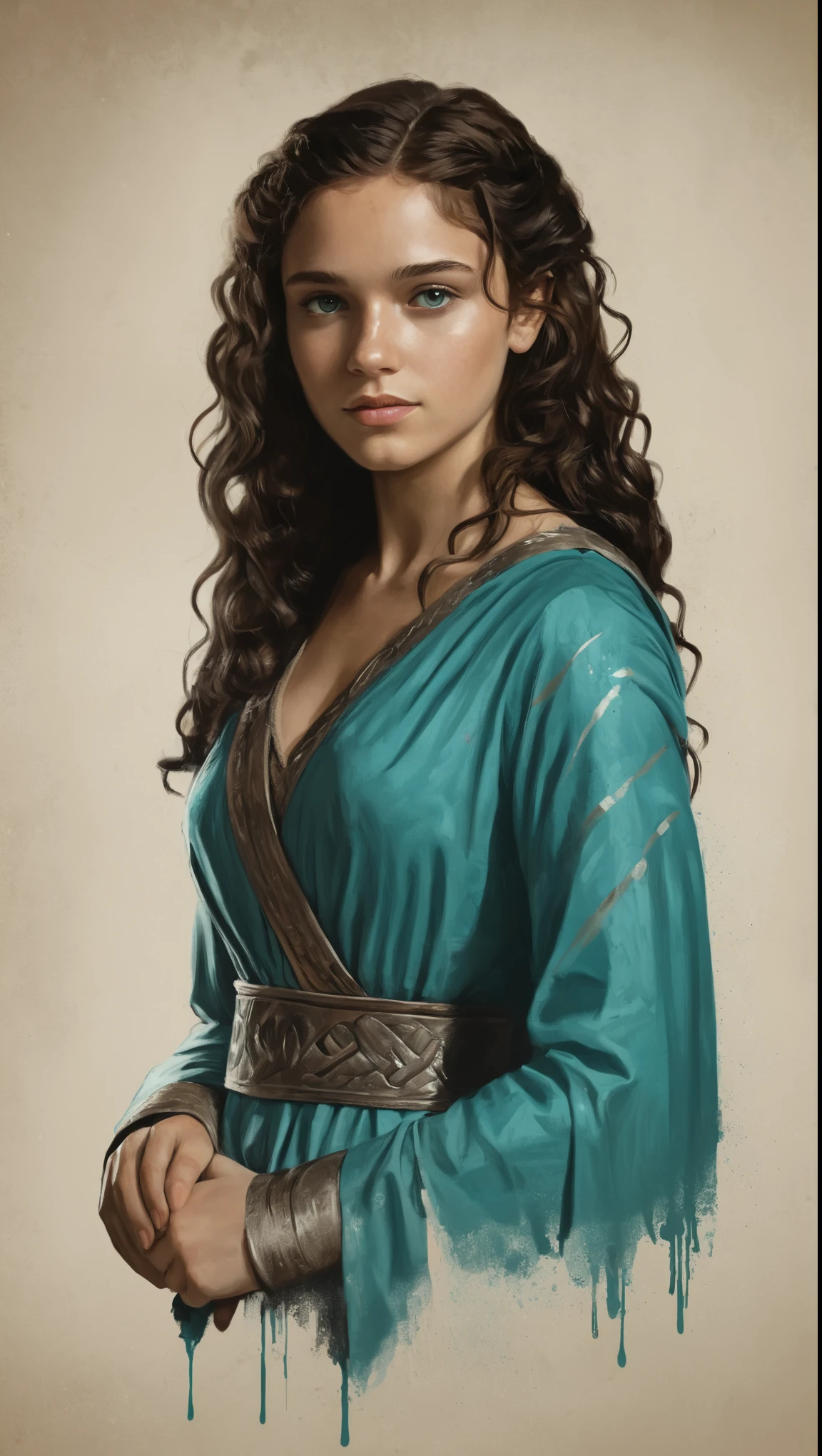 An illustrated movie poster, hand-drawn, full color, a Westerosi teenage girl, wearing a regal chiton, warm brown complexion, freckles, turquoise eyes, dark hair, long loose curls, waist-length hair, posing on a pedestal, hard shadows, graphite shading, stencil marks, airbrushed acrylic paint, masterpiece, in the style of Game of Thrones 