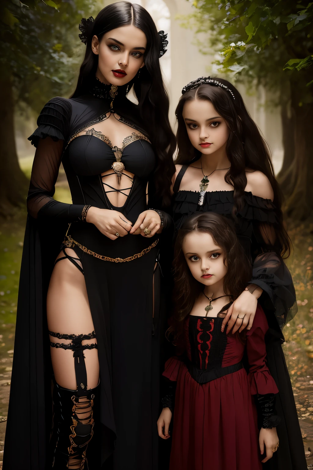 gothic Italian white ethnic Bikini warrior mom and her daughters white ethnic, full figure, perfect posing for a photo, goth family, victorian goth, victorian gothic, artstyle tom bagshaw, victorian gothic lolita fashion, gothic aesthetic, gothic fantasy, earley, gothic influence, neo gothic, gothic bikini, gothic bikini armour, tom bagshaw artstyle, gothic fashion, gothic fantasy art, style of tom bagshaw