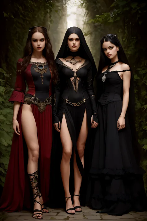 gothic Italian white ethnic Bikini warrior mom and her daughters white ethnic, full figure, perfect posing for a photo, goth fam...