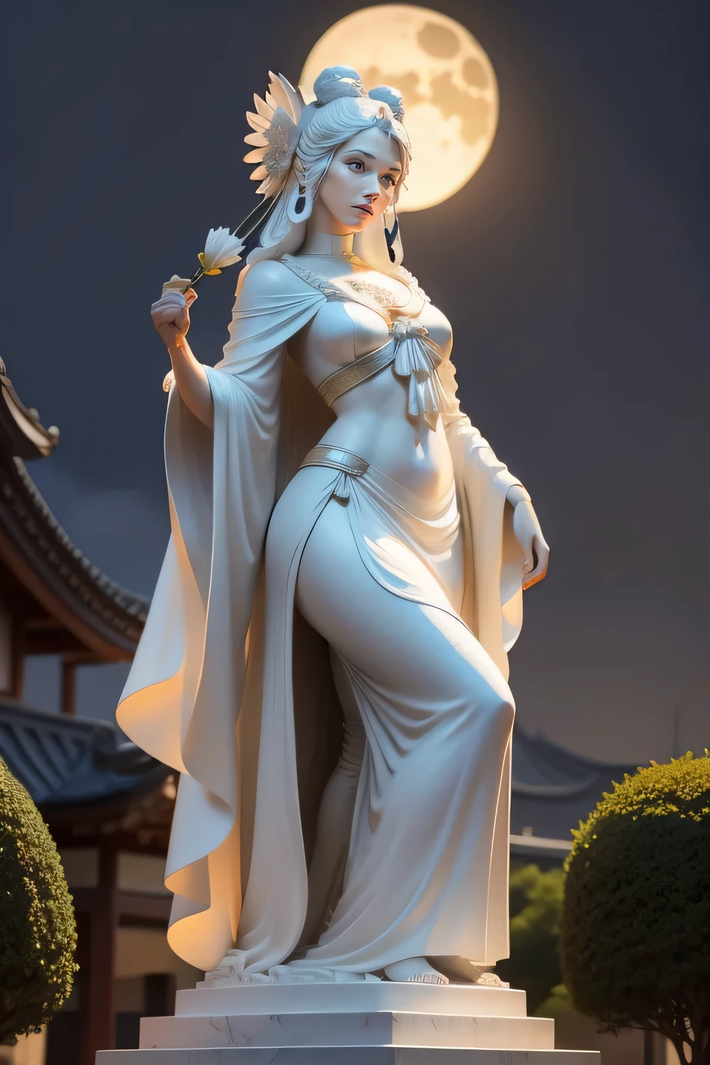 On the big moon，Hair Hanfu Uomo，period costume，hair fluttering，The corners of the skirt fly，Sky inspiration，Lute statue in hand, Inspired by Chen Rong&#39;s marble sculptures, Featured on Zbrush Central, art nouveau, Ivory carving, Ivory Carving, goddess. very high detail, Highly detailed shot of the goddess, Decorative bone carvings, Sculpture of Persephone, resin statue, highly detailed carving on, Nankai Kannon