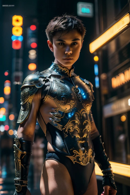 {{master piece}},best quality,illustration, 1boy scantilyclad in armor, small flat chest, aromor exposes his chest and torso, handsome detailed eyes,handsome detailed cyberpunk city, flat_chest, handsome detailed hair,wavy hair,handsome detailed steet,mecha clothes,robot boy,cool movement,six pax bodysuit,{filigree},dargon wings,colorful background,a dragon  stands behind the boy,rainy days,{lightning effect},beatiful detailed sliver dragon armor，（cold face）