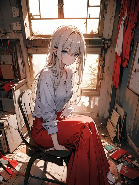 Arti futuro anime. aerial view, dirty woman sitting on chair in dilapidated house, wet, messy hair over eyes, camisa bodycon det...