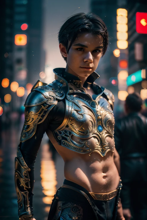 {{master piece}},best quality,illustration, 1boy scantilyclad in armor, small flat chest, aromor exposes his chest and torso, handsome detailed eyes,handsome detailed cyberpunk city, flat_chest, handsome detailed hair,wavy hair,handsome detailed steet,mecha clothes,robot boy,cool movement,six pax bodysuit,{filigree},dargon wings,colorful background,a dragon  stands behind the boy,rainy days,{lightning effect},beatiful detailed sliver dragon armor，（cold face）