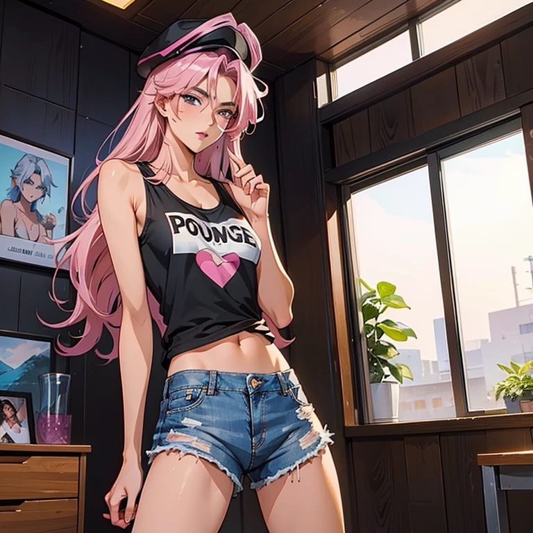 A beautiful man, pink hair, long hair, tall, Face in love, beautiful anime face, super high quality, masterpiece, 20 year old man, black police hat, white tank top, navel visible, sexy pose, nice body, ripped denim shorts, crotch emphasis, crotch touching, only one person in the room,  hentai anime,  see-through clothes,  tempting gestures, femboy